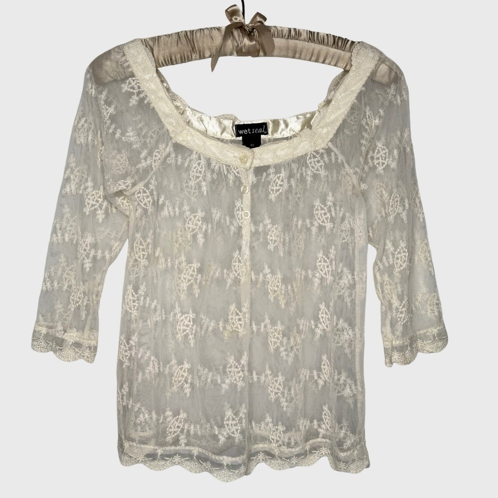 Vintage Wet Seal Y2K 2000s Sheer Lace Mesh Ivory Fairy Boho Cottagecore Top XS
